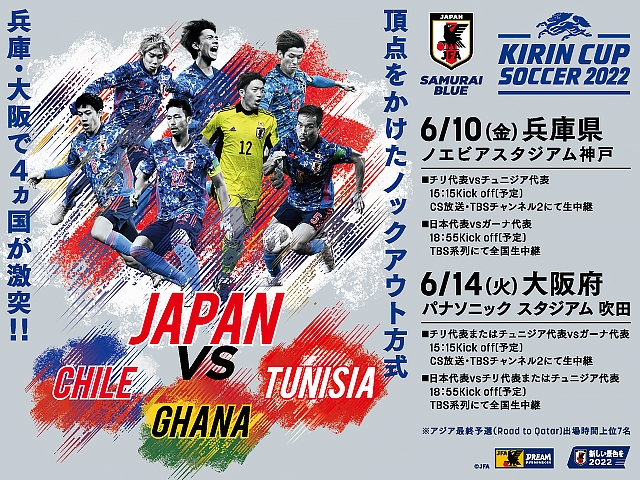 当日券の販売について（オンラインのみ・会場での販売はありません）　キリンカップサッカー2022 チリ代表 対 チュニジア代表／SAMURAI BLUE(日本代表) 対 ガーナ代表【6.10 (金) ＠兵庫県／ノエビアスタジアム神戸】