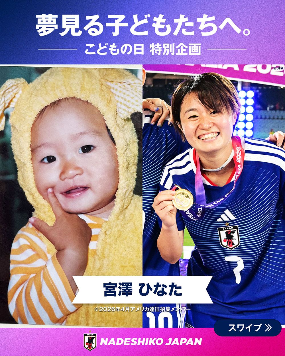 宮澤 ひなた選手の子どもの頃と現在の写真